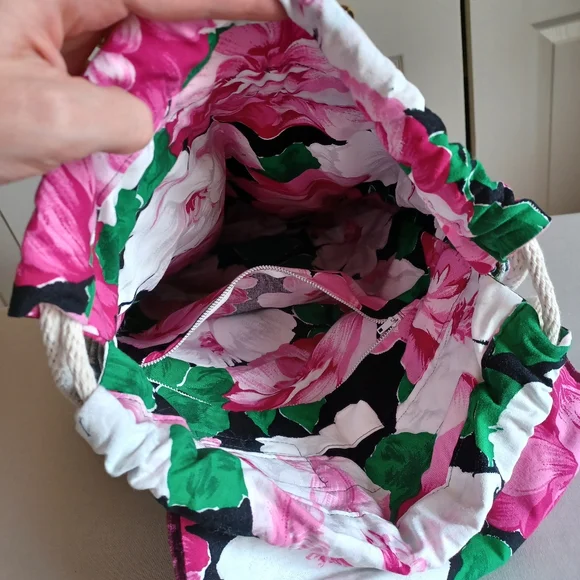 Handmade Original Design Upcycled Jeans Denim Drawstring Backpack Floral Lining - Picture 3 of 14